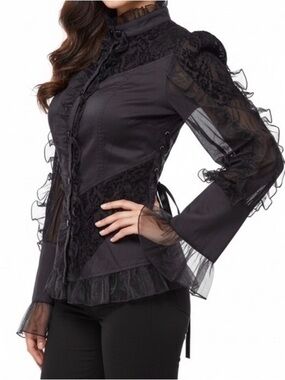 Clocolor Chic Black Ruffled Lace Blouse - Victorian Goth Elegance w Lace-Up Back